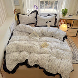 Yeknu  New French Lace Wash Quilt Cover Korean-style Romantic Herben-style Black Print Four-piece Set Skin Friendly Bedding Set