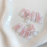 Yeknu  10pcs pure handmade coffin shaped nail art, beautiful fake nails, summer fresh gradient bow, suitable for women to use