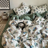 Yeknu Korean Style Ins Retro Fresh Floral Washed Cotton Bed Four Piece Duvet Set, Student Dormitory Bed Sheet Three Piece Set
