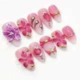 Yeknu  30pcs Nude Red 3D Flower Press On Nails Long Stiletto Fake Nails with Silver Metal Line & Pearl False Nail for Women&Girl