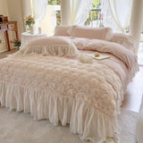 Yeknu  Korean Style Soft Cotton 3D Rose Lace Bedding Set, King Queen Luxury Princess Duvet Cover Bed Skirt Bedspread,High end Home 4pcs