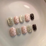 Yeknu  10pcs Pink Polka Dots Handmade Nails Stars and Cat-Eye Press on Nail Short Square Round Fake Nail for Women&Girl False Nail