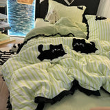 Yeknu  Korean Style Bedding Set Green Strip Black Cat Embroidery Washed Cotton  Duvet Cover Cute Cardboard  Bed linen Comforter Sets