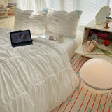 Yeknu  Solid Color Pleated Textured Soft Breathable Chic Princess 4pcs Bedding Set, Delicate Bows Twin Duvet cover Bed sheet Pillowcase