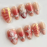 Yeknu  30pcs Nude Red 3D Flower Press On Nails Long Stiletto Fake Nails with Silver Metal Line & Pearl False Nail for Women&Girl