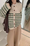Yeknu  Autumn Green Striped Cardigan Knitted Sweater Women Casual Long Sleeve Ladies Cardigans Tops Korean Style Woman Sweaters Coat