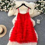 Yeknu  Summer French Vacation Suspender Dress Women Sleeveless Loose A-Line Solid Color Multi-layer Mesh Puffy Mini Dress