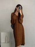 Knitted Autumn Winter V-Neck Dress Women Korean Style Loose Fashion Split Ladies Dresses Casual Woman Long Dress