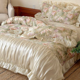 Yeknu  Vintage French Oil Painting Aesthetic 100% Long-staple Cotton Bedding Set – Princess Cotton Soft Sheets with Organza Lace Trim