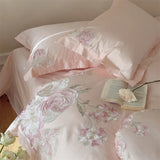 Yeknu  100% Cotton Pink Elegant Floral Embroidery Luxury Bedding Set Hidden zipper Duvet Cover Bed Sheet/Fitted Sheet Pillowcases 4Pcs