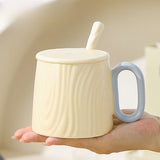 Yeknu  Chinese Style Ceramic vertical stripe Tea Mugs, Home Personal Office Creative With Cover Spoon Milk Water Coffee Cup, 320ml, 1Pc