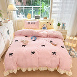 Yeknu Classic Plaid Duvet Cover, Soft Lace Bedding Set, Skin-Friendly Bow-Design Duvet Cover