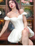 Yeknu  European And American Style Summer White Women's Mini Dress One Shoulder Heavy Lace Embroidery Waist Puffy Dress