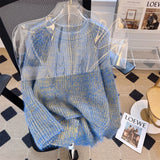 Yeknu  Women's Blue Knit Pullover Loose Japanese Sweater Long Sleeves Oversize Cashmere Sweaters 90s Vintage Y2k 2000s Clothes Autumn
