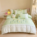 Yeknu 100% Cotton Bedding Set Ins Korean Floral Embroidered Lace Trim Duvet Cover Bed Linen Bed Sheets Set Pillowcase Twin Double Size