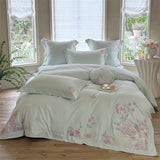 Yeknu  100% Cotton Pink Elegant Floral Embroidery Luxury Bedding Set Hidden zipper Duvet Cover Bed Sheet/Fitted Sheet Pillowcases 4Pcs