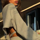 Yeknu  Knit Tank Top Sets For Women Fashion High Neck Vest And Long Sleeve Shawl 2 Piece Suits Sexy Backless Knitwear Top Femme