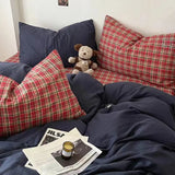 Yeknu  Bedding Set Ins Ambiance Blue Coffee Grid Mixed With Washed Cotton Minimalist Four Piece Set Fitted Sheets Duvet Cover
