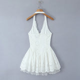 Yeknu  White Lace Embroidery Halter Neck Dress New Summer Sleeveless Backless Sexy A-Line Dresses Women Slim Party Dress