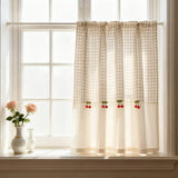 Yeknu  1Pc,Country Style Classic Lattice with Red Cherry Trim Splice Pure Color Short Curtain For Small Window,Chic Curtain For Kitchen