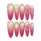 Yeknu  10pcs Handmade Long Almond Press on Nails Gradient French Cat Eye False Nails Pink Flower Design Fake Nails for Women Wearable
