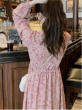 Yeknu  Spring Flower Floral Print Long Dress Women Pink Fashion Sweet Long Sleeve Ladies Dresses Loose Woman Dress