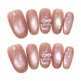 Yeknu  10pcs Handmade Oval Shaped Press on Nails Pink Purple Cat Eye Fake Nail Tips Wearable Reusable 3D Bow Design Korean False Nails