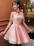 Yeknu  New Pink Splicing White Cute Short Dress Summer Sleeveless Lace-up Waist Princess Puffy Dress Women's Clothing