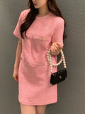 Summer Tweed Mini Dress Women Loose A-Line Elegant Fashion Korean Style Ladies Dresses Short Sleeve Woman Dress