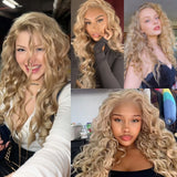 Yeknu  Loose Curly Synthetic Lace Front Wigs for Women Ash Blonde Wig Glueless Pre Plucked Dirty Blonde Deep Curly 13X4 Lace Frontal
