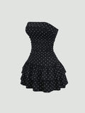 Yeknu  Sweetra New Winter French Fashion Polka Dot Lace Ruffle Bow Design Office Commute Casual Cute Sweet Style Strapless Bodycon Cinc