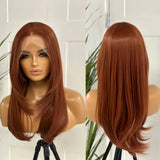 Yeknu  Natural Straight Layered Copper Red Synthetic Lace Front Wig Middle Part Auburn Long Wavy Ginger Brown Colored Daily Party Wig