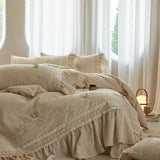 Yeknu  Lace Ruffles Flower Butterfly Embroidery Bedding Set 20% Linen and 80% Cotton Duvet Cover Flat/Fitted Bed Sheet Pillowcase 4Pcs
