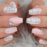 Yeknu  24 Pcs Glossy Short Coffin Press On Nails Pink And White French Style False Nails With Rhinestone Reusable Fake Nails