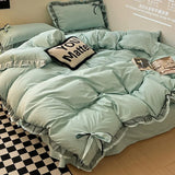Yeknu  Ins Style Bow Embroidery Pure Cotton Bed Sets Princess Brushed Bedding Set with Lace Single Double Queen King Size Bedclothes