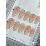 Yeknu  10pcs Handmade Almond Shaped Nail Art Pieces, Inlaid With Golden Flower Strips Detachable and reusable