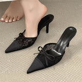 Yeknu  Elegant Mesh Fabric Butterfly-knot Pointed Toe Slippers Women Sexy Thin Heels Party Prom Mule Shoes