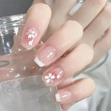 Yeknu  24 PCs Short French Simple Flower Nails with 1 Jelly Gel and 1 Nail File