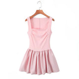 Yeknu  Summer Square Neck Sleeveless Slimming Tutu Dress Women Elegant Solid Color Ruffled Hem Cute Mini Dress