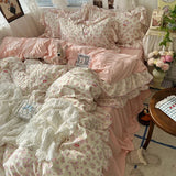 Yeknu 3/4Pcs Korean Princess Style Floral Ruffles Bedding Set Skin-friendly Soft Duvet Cover Set Bed Sheet Or Bed Skirt Pillowcases