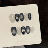 Yeknu  10Pcs Handmade Press On Nails Short Oval Black Cat Eyes Glitter Sequins Fake Nails for Lady Women Wearable Full Cover False Nail