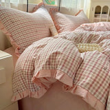 Yeknu  Ins Princess Style Washed Double-Layer Gauze Bedding Set - Thickened Crinkled Gauze Cute Dorm 3-Piece/4-Piece Sheet & Duvet Cove
