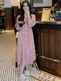 Yeknu  Spring Flower Floral Print Long Dress Women Pink Fashion Sweet Long Sleeve Ladies Dresses Loose Woman Dress