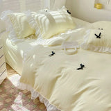 Yeknu  French Ins Princess Style Lace Four-piece Set Washed Cotton Embroidered Quilt Cover Set Bow Girly Heart Bed Sheet Three-piece