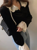 Yeknu  Autumn Velvet Shirts Tops Women Lace Patchwork Fashion Ruffle Long Sleeve Ladies Blouses Vintage Korean Loose Woman Shirt