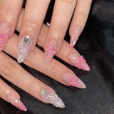Yeknu  24Pcs Almond Press-On Nails in Pink Cat Eye with Heart & Strawberry Designs – Glossy Acrylic Stick-On Nails for Women & Girls