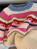 Yeknu  Knitted Autumn Pullover Sweater Women Rainbow Striped Print Fashion Sweet Ladies Sweaters Korean Style Loose Woman Sweater