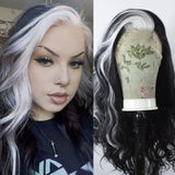 Yeknu  Black with White Highlight Wig Long Wavy Synthetic Lace Front Wigs for Women 13X4 Body Wave Frontal Streak Colored Party Wigs
