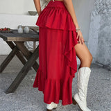 Yeknu  Holiday Solid Color Pleated Splicing Irregular Skirt Summer Casual Bohemian Beach Skirt Women's Jupe