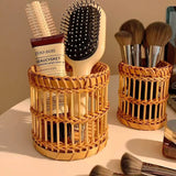 Yeknu  Retro bamboo woven ins makeup brush storage tube, woven pen holder, high beauty dressing table desktop multifunctional storage